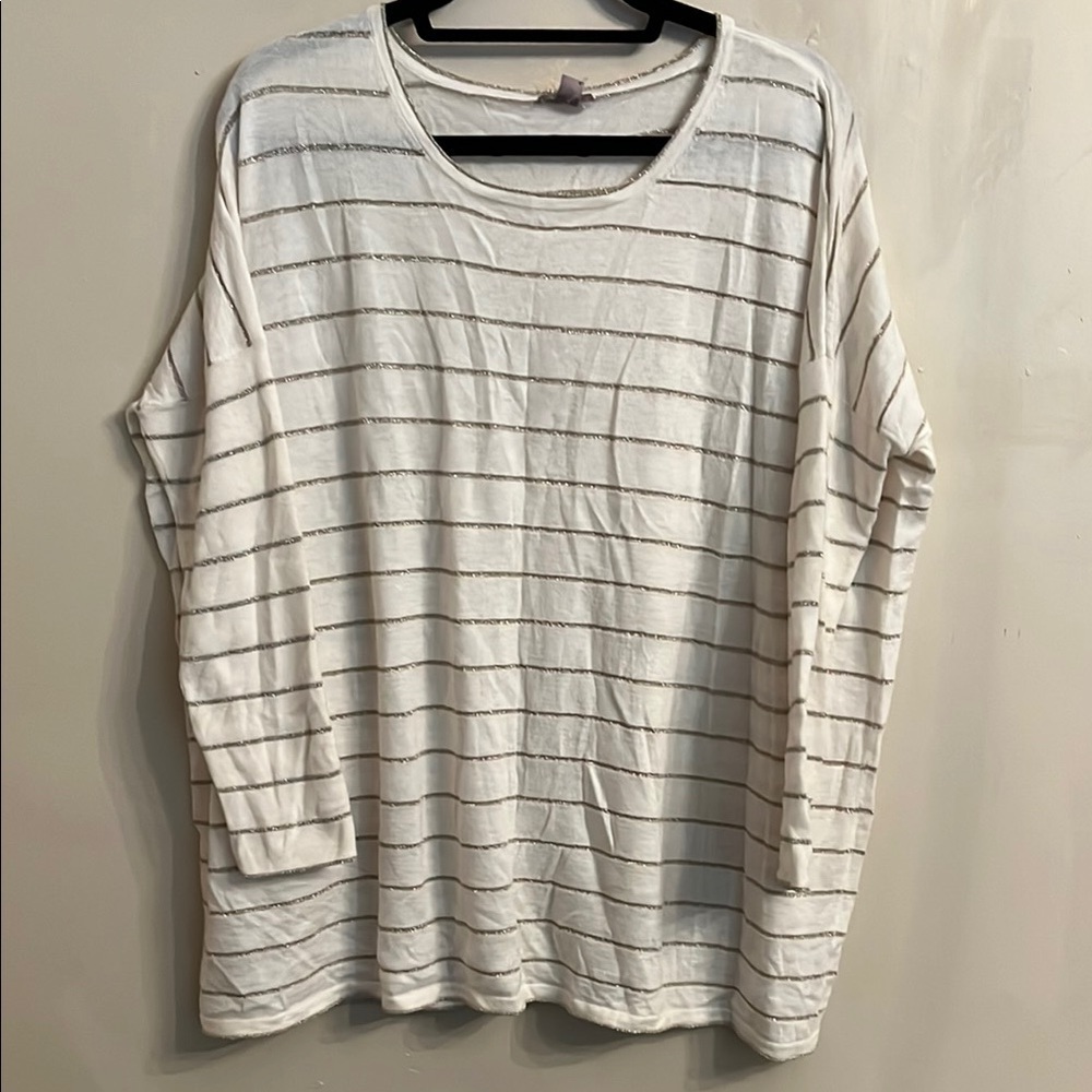 J Jill Angora Wool Blend Cream Gold Stripe Long Sleeve Sweater Size L